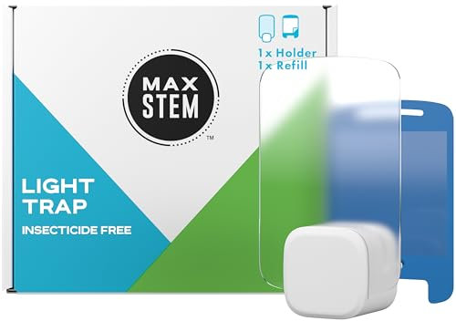 MAX STEM LED Light Trap, Insecticide-Free Fly Catcher, Indoor Fly Trap, 24/7 Protection from Flies, Gnats & Moths, Pet & Child Safe, Odourless, No Residue, 1 Kit - 1 Plug in Device and 1 Refill
