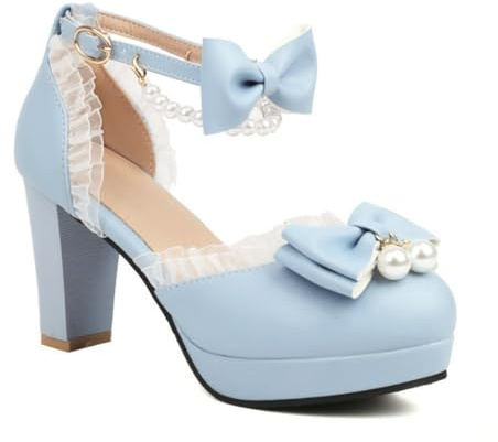 Escarpins à Talon Bloc Chunky pour Femmes, dessiné Mary Jane, Bout Rond, Chaussures de Mariage, soirée ou Cocktail,Bleu,47 EU
