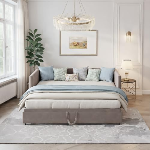 MISNODE Canapé-lit multifonction extensible 90/180 x 200 cm, canapé extensible à 2 places avec sommier à lattes, lit double en velours, gris, sans matelas (gris, 90/180 x 200 cm)