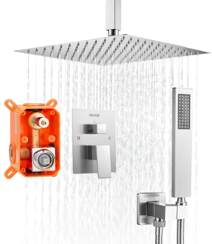 VEVOR Ensemble de Robinetterie de Douche Encastrable, Système de Douche de Pluie avec Pommeau de Tête Carré de 30,5 cm, Douchette à Main et Kit de Garniture, Montage au Plafond, Nickel Brossé