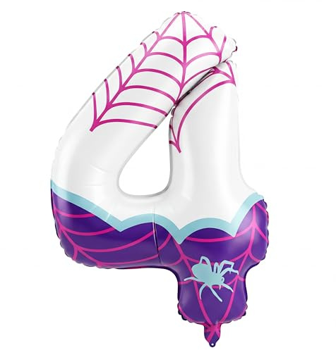Charnoel Spider Number 4 Balloons 40 Inch Purple Spider Theme Birthday Party Decorations Large Foil Balloons for Girls Boys 4th Birthday Baby Shower Party Backdrop Celebration Supplies