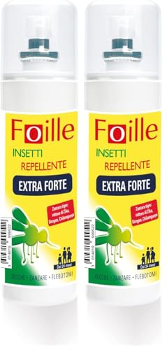 Foille Insetti Repellente Extra Forte, Spray Antizanzara con DEET 50%, Protegge fino a 8 Ore Contro Zanzare, Zecche e Flebotomi, Efficace Contro Dengue, Zika e West Nile, 100 ml (Confezione da 2)