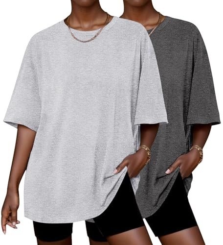 Ekouaer Tee Shirt Femme 2 Pack Ample Surdimensionné T Shirt à Manches Courtes Basique Haut Oversize Tshirt Col Rond | Haut léger à col rond, surdimensionné décontracté à manches courtes, chemise de sommeil confortable, élastique