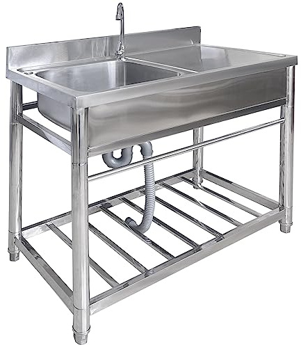 Évier Utilitaire à 1 Compartiment, Évier de Cuisine Commercial en Acier Inoxydable avec Robinet et Étagères, plan de Travail, pour Restaurants, Cafés, Bars, Hôtels, Garages, Buanderies