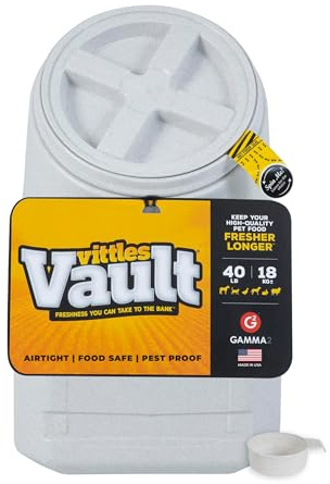 Vittles Vault Traditional Pet Food Storage Container For Dog Kibbles/Bird Seed/Oatmeal/Rice/Flour/Cereal, BPA Free Plastic, Sealed Airtight For Cat Food, Up To 40 lb, Made in USA, With Scoop, Gray