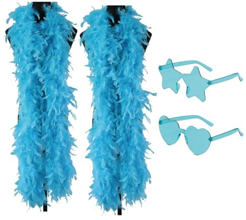 4PCS Blue Feather Boas Multipack, 2M Lake Blue Feather Boa with Heart & Star Glasses, Costume Accessories for Dance Performances and Party Celebrations, Wedding Attire and Cosplay Events