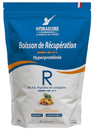 Hydrascore - Boisson de Récupération Fruits Exotiques 1200 g - Boisson Hyperprotéinée Après l’Effort – Récupération Muscles, Articulation Courbatures - Protéines & BCAA - Running, Trail, Vélo - H1047