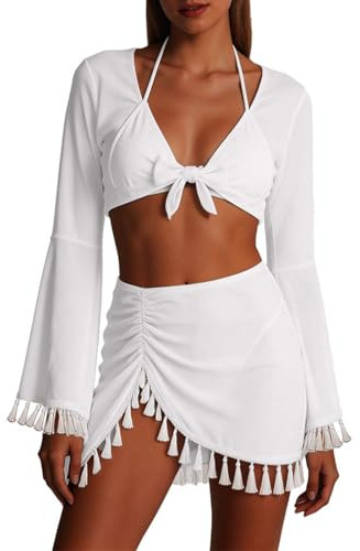 Ensemble de Plage 4 pièces pour Femme avec Jupe résille à Franges, paréo Assorti et Maillot de Bain Une pièce ou Tankini, Taille du S au XL, idéal pour la baignade et Les Vacances d'été