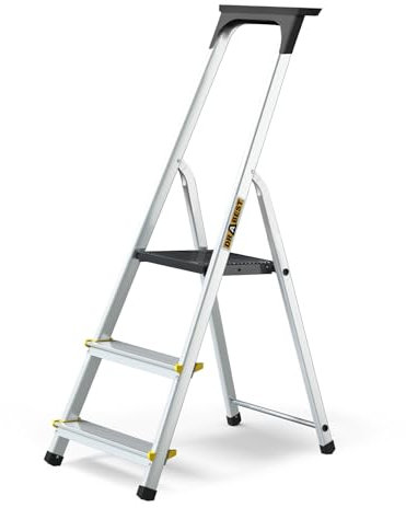 Drabest ESCALERAS Serie Pro Escalera de Tijera de Aluminio Escalera Doméstica de 3 Peldaños 150kg - Aluminio con Pies Antideslizantes y Plataforma de Escalera de Trabajo - 40x121x12cm