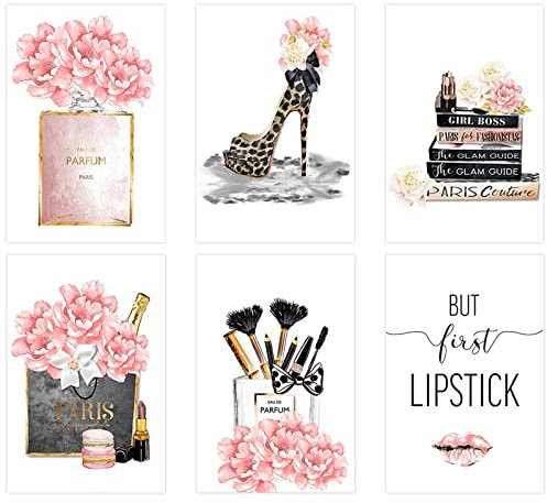 no applicable 6PCS Unframed Fashion Women Canvas Wall Art Prints, Pink Flower Perfume Makeup Brush Fashion High Heels Handbags Wall Pictures Paintings, Living Room Office Decorations 8x12''