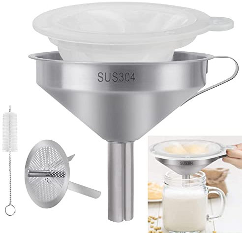 BUENTYA Imbuto Acciaio 304 Imbuto con filtro Imbuto da Cucina Filtro per Olio d'oliva Filtro Vino Imbuto da Cucina con Maniglia e Filtro liquori a 300 Mesh Rete per Filtrare Liquori