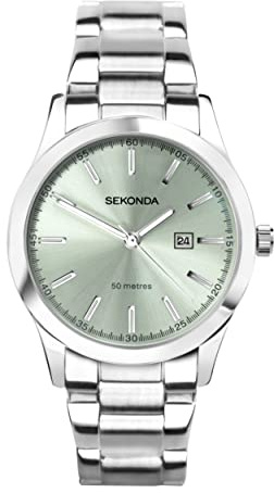 Sekonda Taylor - Damen-Quarz-Armbanduhr, 34 mm, mit analogem Zifferblatt und silberfarbenem Edelstahlarmband, grün, Modern