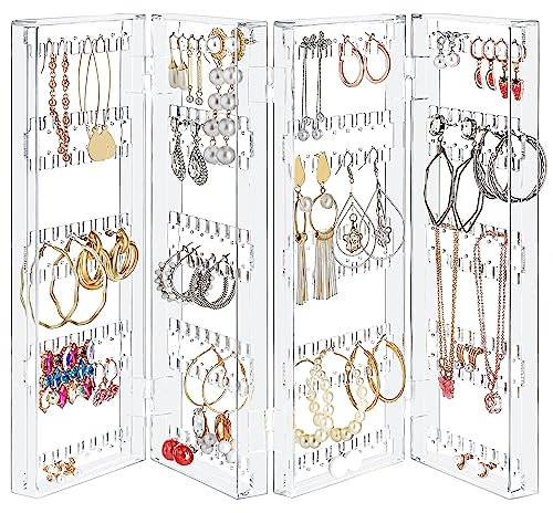Kurtzy Foldable Acrylic Jewellery Organiser - 5 Tiers and 4 Panels of Storage for Ear Rings, Bracelets & Necklaces - Stores 128 Pairs of Earrings - Clear Transparent Display for Jewellery Storage