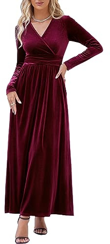 OUGES Womens Long Sleeve Wrap V Neck Velvet Dress Christmas Holiday Dresses for Women Wedding Guest Maxi Dress(Velvet Wine Red,L)