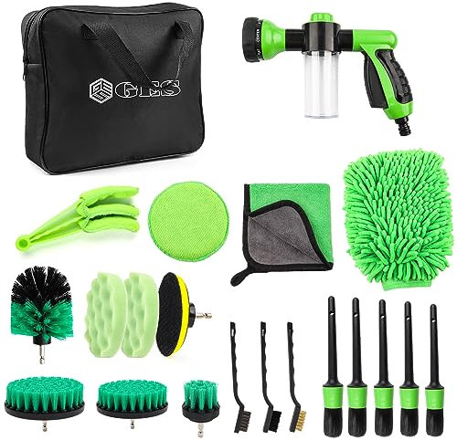 GES Car Wash Foam Sprayer with Garden Water Hose Foam Nozzle and Soap Dispenser - 21PCS Auto Car Exterior and Interior Washing Products - Auto Washer Sprayer with Car Cleaning Kit Storage Bag (Green)