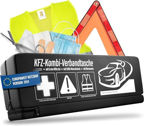 HELDENWERK 3 in 1 Erste Hilfe Set Auto 2025 europaweit einsetzbar & geprüft (StVO konform) I KFZ Kombitasche mit Warnweste, Warndreieck & Verbandkasten I Unfall Zubehör Set, PKW-Notfallset, Pannenset
