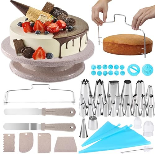 SAKUUMI 54pcs Cake Decorating Kit Baking Tools Supplies with Cake Turntable, Cake Leveler, 27 Piping nozzles, 2 Pastry Bag, 2 Coupler, 2 Spatulas, 4 Scrapers, 14 Fondant Embossers & 1 Cleaning Brush