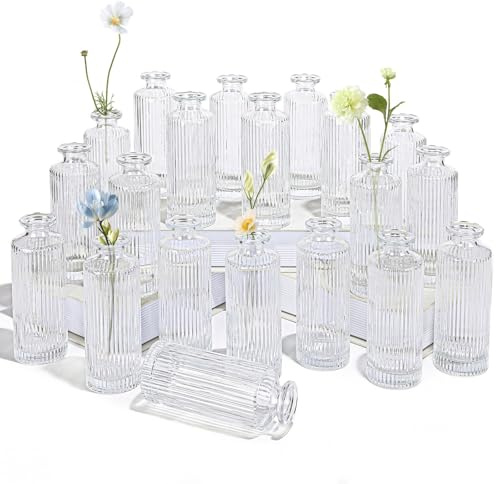Glass Bud Vases Set of 20, Living Bud Vases, Small Bud Vase in Bulk, Mini Flowers Vases for Centerpiece, Vintage Decorative Vase Set for Table Decorations, Wedding Reception, Home Decor (Clear)
