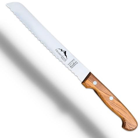 HESTENBERG Solingen Germany - Coltello da pane (8) con lama ondulata e vero manico in legno d'ulivo, adatto come coltello per panini e sega