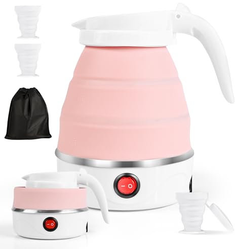 Tetera Electrica Plegable, Hervidor de Agua Portátil para Camping 600ML, Hervidor de agua plegable, mini hervidor de silicona para viajes, senderismo, exterior, camping (Rosa)