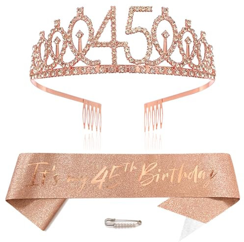 Or Rose 45th Anniversaire Couronne et Écharpe Fille 45e Anniversaire Décoration Strass Anniversaire Tiare Princesse Couronne Queen Tiara Anniversaire Fille 45 Anniversaire Décoration Fête Vêtements