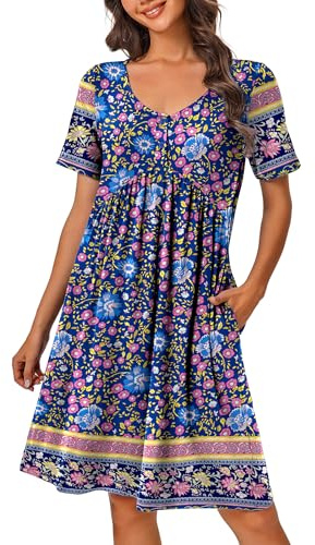 Ekouaer Womens House Dress Floral Print Nightgown with Pockets Mumu Dress Royal Blue Floral XL