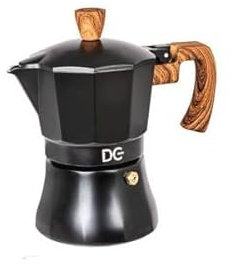 Dc Casa Caffettiera Linea BlackWood – Moka Elegante in Alluminio Nero con Manico in Legno Atermico – Design Moderno per Espresso Italiano a Casa (2 Tazze)