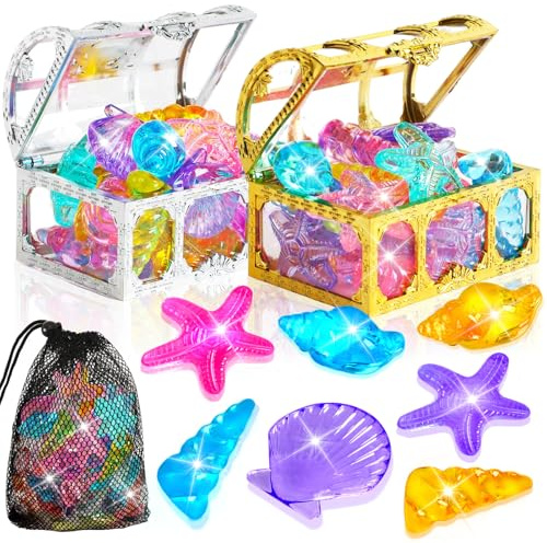 MARFOREVER Tauchjuwel Pool Spielzeug, 36 Stück Tauchspielzeug für Kinder mit 2 Piraten Schatzkiste Bunte Acryl Edelstein Spielzeug Dive Gem Sommer Schwimm Unterwasser Edelsteine für Mädchen Junge