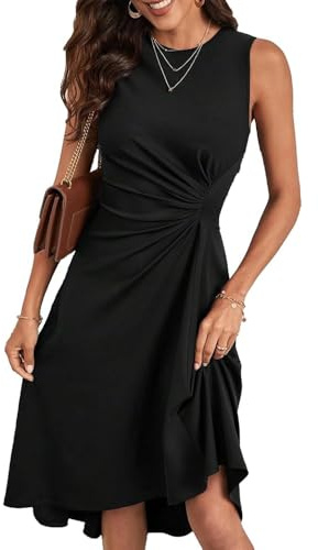 XFSRG Vestito Donna Senza Maniche Orlo a Volant con Scollo Rotondo Elegante Slim Midiabito per Festa Cocktail Party(Nero/M)