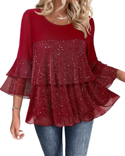 Bebonnie Sparkly Tops for Women Going Out: Ladies Fancy Blouses Sequin Glitter Elegant Dinner Cocktail Attire Peplum Dressy Tops for Evening Wear Christmas Tunic Tops for Women Loose Fit Star Red XL