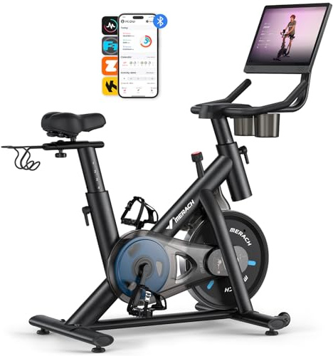 Merach Exercise Bike with 15.6 Adjustable HD Screen - Real-Time Data Tracking, Magnetic Resistance, Merach App Sync, for Home Gym Cycling & Fitness