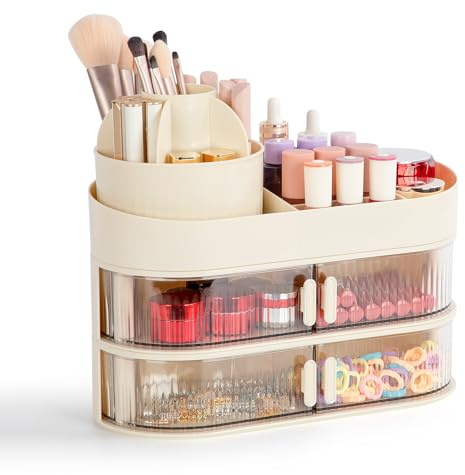 FoiiLiio Rangement Maquillage, Boite Skincare Organisateur Coiffeuse Boite, Grande Capacité Organizer Makeup Make Up Organiser avec petit tiroir multifonctionnel (Beige)
