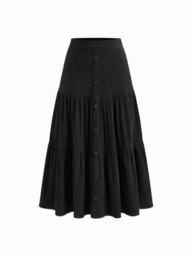 CIDER Women's Corduroy Tiered Skirt Button Front A Line Midi Skirt, Black, L