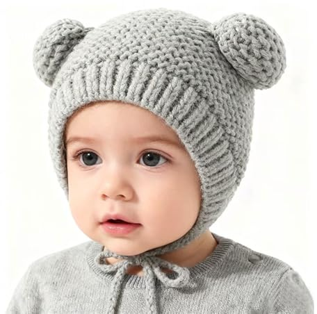 XNDZ Baby Earflap Beanie Hat with Cute Bear Ears Infant Toddler Boys Girls Warm Cap Autumn Winter Knit Hat for 3-24 Months (UK, Age, 3 Months, 24 Months, Grey)