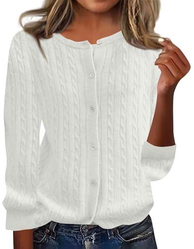 Veste Gilet Femme Blanc Cardigan Chic Et Elegant avec Boutons Pull Tricot Polaire Grande Taille À Col Rond Manches Longues Chandail Couleur Unie Classique Cachemire Veste Haut 2025 Automne Hiver XL