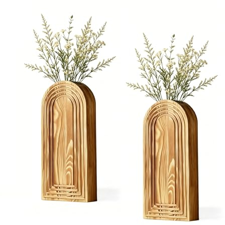 Choisonye 2 Pack Wooden Wall Vase Set - Brown Finish Modern Farmhouse & Boho Wall Decor for Indoor Fake Plants Greenery Flowers, livingroom Bedroom Kitchen Home Office Decoration