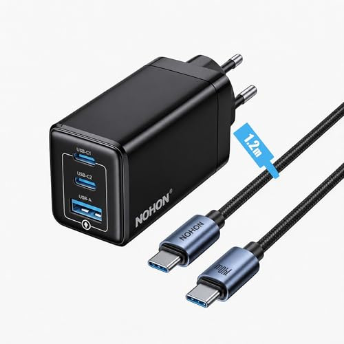 NOHON Caricatore USB-C Rapido Caricabatterie: 65W GaN Alimentatore PD 3.0 con Cavo USB C Ricarica Rapido 140W 1.2M | 3 Porte Compatibile con iPhone 17 16 15 14 13 12 Macbook iPad Samsung Galaxy S
