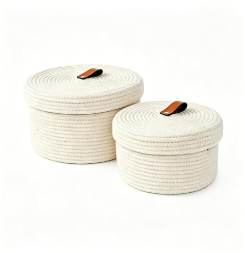 2 cestini portaoggetti con coperchio, in filo di cotone intrecciato con maniglia, cesto decorativo lavabile con coperchio, organizer multifunzione per scaffali, soggiorno e bagno (beige)