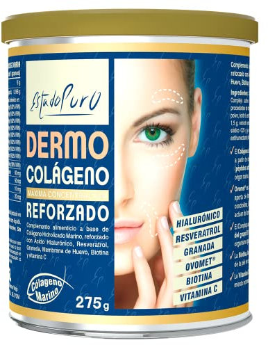 Dermo Colageno Reforzado Estado Puro - Colágeno Marino con Ácido Hialurónico, Resveratrol, Granada, Membrana de Huevo, Biotina y Vitamina C - Nutricosmética para Reafirmar la Piel - 275 Gr de Tongil…