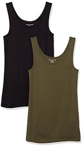 Amazon Essentials Women's Slim-Fit Ribbed Scoop Neck Tank Tops, Pack of 2, Black/Olive, Medium