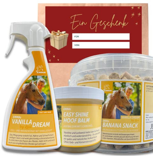 EMMA Pferdeleckerlis + Mähnenspray für Pferde + Huffett mit Lorbeeröl I Pferdepflege Set I Leckerli Banane + Hufbalsam + Glanzspray Vanille Duft I Hufpflege I Pferdepflege Pferdezubehör 2Kg 2x500ML