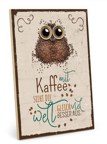TypeStoff Holzschild mit Spruch – Kaffee – Vintage-Look mit Zitat als Geschenk und Dekoration zum Thema Espresso und Latte Macchiato - HS-01146