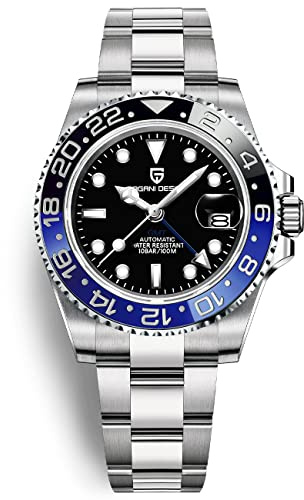 Pagani Design GMT Montre Homme Automatique Mécanique Verre Saphir Synthétique Acier Inoxydable 100M Étanche Montre-Bracelet pour Homme 40MM(3 Noir Bleu)