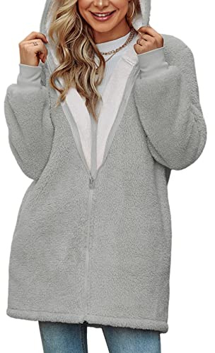 Voqeen Sudadera de Forro Polar con Capuch y Cremallera Completa Mujer Invierno Hoodies con Bolsillos Jersey Informal de Manga Larga Abrigo Chaqueta con Capucha Tops Deportivos (Gris,L)