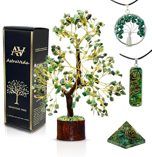 AstraVeda Green Jade Crystal Tree with 2 Pendants and Mini Pyramid Gift Set | Green jade gemstone Tree of Life with two pendants and one mini pyramid, for Feng Shui inspired decor and gifting