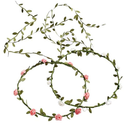 2 Stück Blumenkranz Haare Blumenkrone Damen Mädchen Boho Blumen Haarband Braut Rosen Haarreif Stirnband mit Blättern Hochzeit Party Kommunion Geburtstag Kopfschmuck Weiß Rosa
