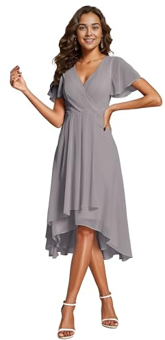 Ever-Pretty Vestidos de Invitada de Boda Elegantes Vestidos de Noche de Gasa Mujer Midi Cortos Vestidos de Novia Gris 42