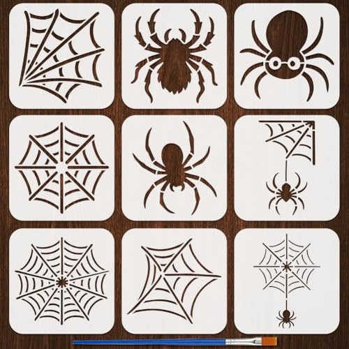 FINGERINSPIRE 9PCS Spider Stencils with 1Pc Plastic Brush 15x15cm 9 Styles Spider Webs Pattern Drawing Stencil Halloween Theme Template for Painting on Wall Wood Fabric Furniture DIY Home Decoration