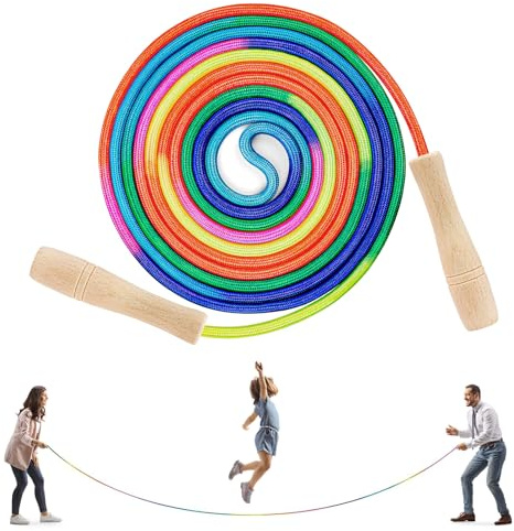 Flintronic Cuerda Saltar 5M, Cuerdas de Saltar Ajustables para Niños, con Mango Madera, Cuerdas de Saltars Arcoíris, para Fitness Actividad al Aire Libre