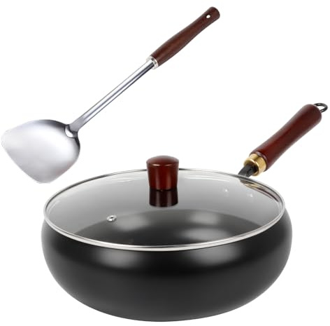 Sartén de Hierro Sin Recubrimiento de 28 cm, Sartén de Hierro Forjada a mano Antiadherente Sin Revestimiento con Tapa de Cristal y Mango de Madera, sartén Japonesa de hierro Fundido para Cocina de Gas